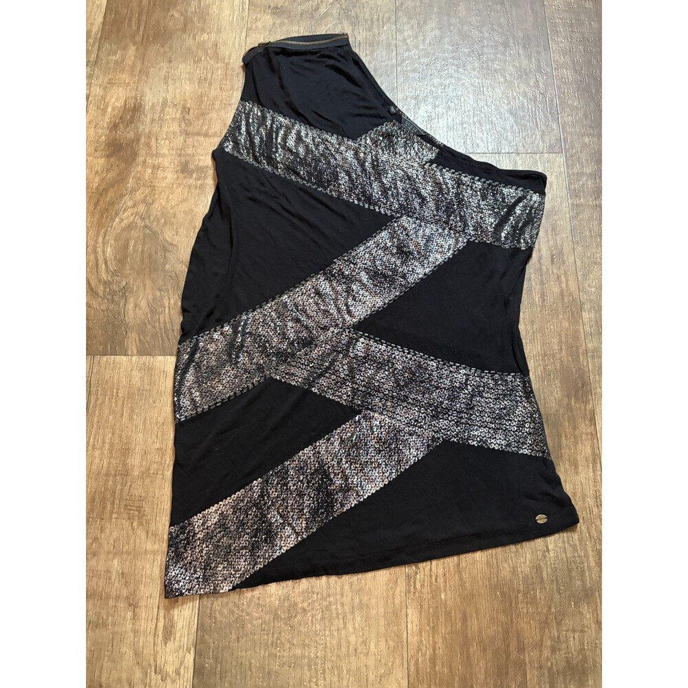 Guess Top Womens Medium BLACK  & Silver ONE SHOULDER Blouse